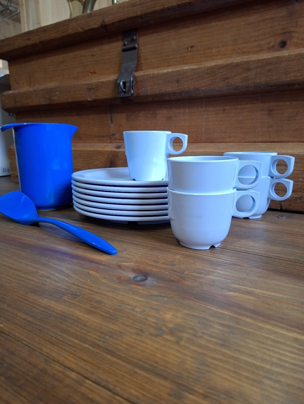 Vintage 1970s Melmac Melamine Powder Blue Plate & Mug + Rosti Pitcher 14 Pieces